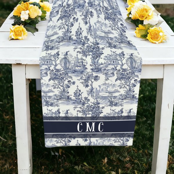 Personalized Toile De Jouy Multicolor Table Runner with Letters and Name Dining Room Home Decor Housewarming Gift for New Home Family Couples