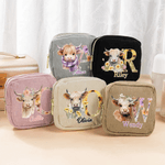 Personalized Floral Initial Highland Cow Square Corduroy Makeup Bag with Name and Zipper Travel Birthday Gift for Women Friends