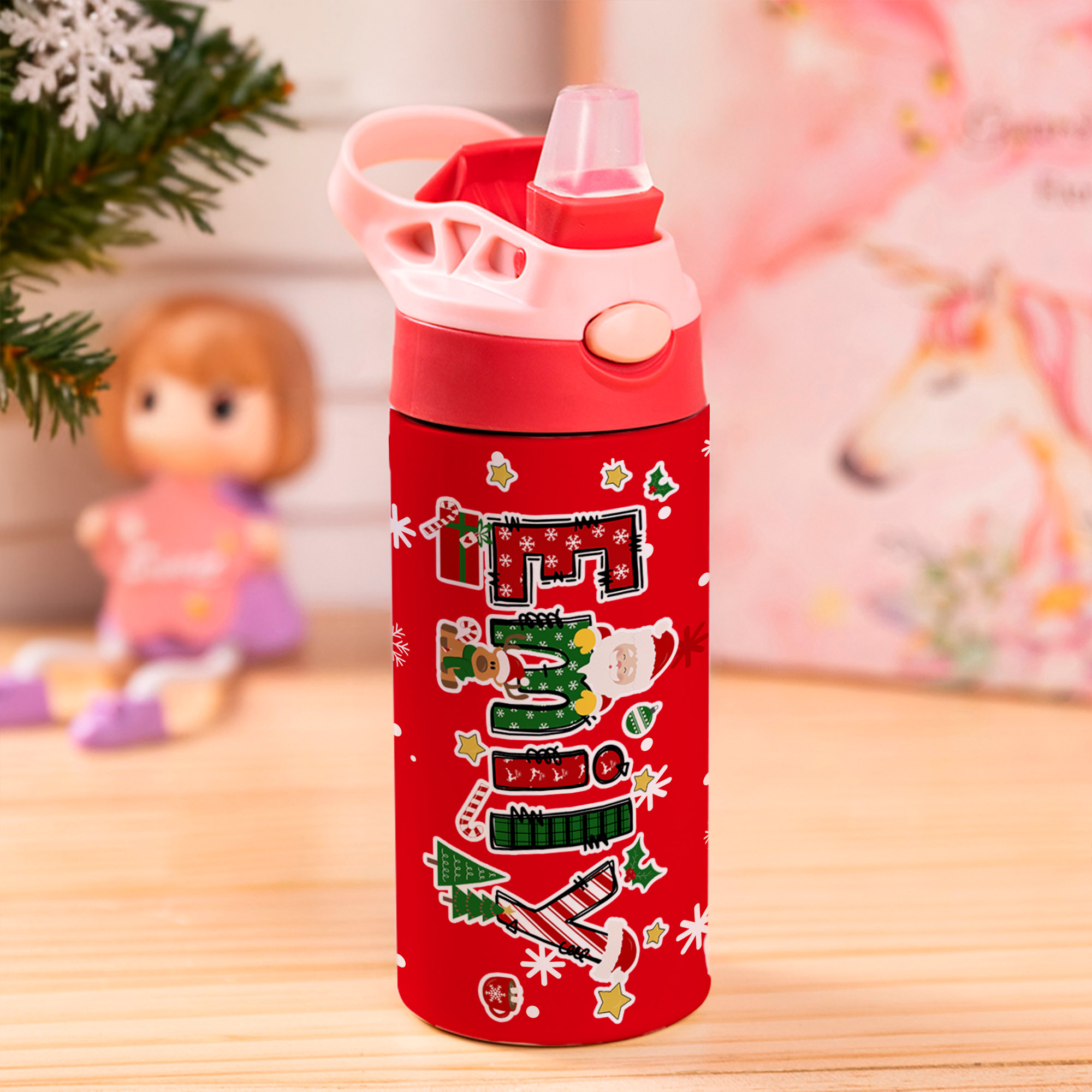 Bouteille d'eau isotherme 12 oz avec poignée et paille pour enfants Cadeau de Noël pour garçons filles