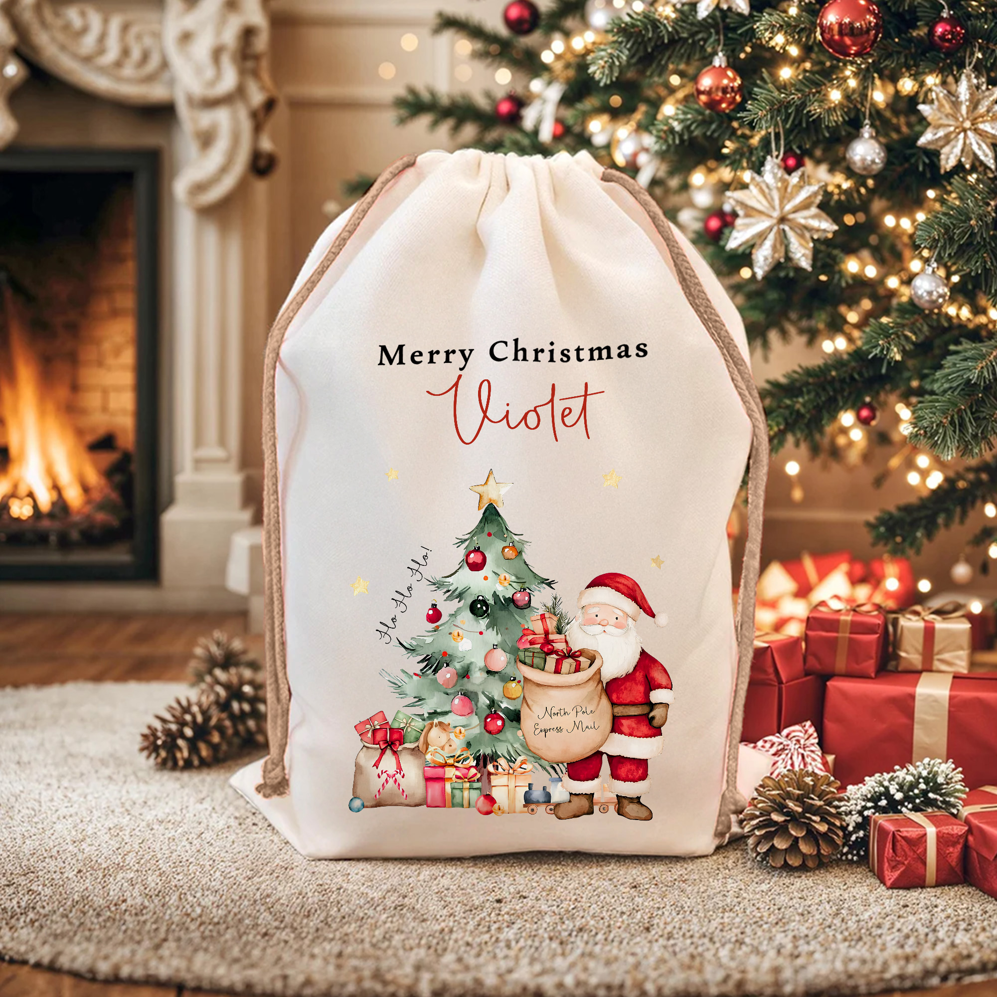 Sac de Noël personnalisé en toile avec titre et nom Cadeau de Noël pour la famille et les amis
