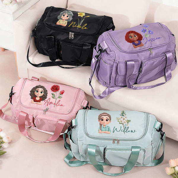 Personalizzata 3D Cartoon Character Birth Flower Borsa da viaggio a più scomparti con nome e tracolla Regalo di compleanno essenziale per le donne