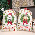 Personalized Cute Cartoon Christmas Animal Wreath Drawstring Christmas Gift Bag with Name Christmas Eve Party Gift for Kids Family Friends