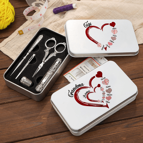 Personalized Family Heart Design Tin Box and 6 Pcs Sewing Tools Set with Kid Names Christmas Birthday Gift for Tailor Sewing Lover
