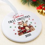 Personalized First Christmas Santa Claus Snowman Heart Round Ceramic Ornament with Name and Year Tree Decor Christmas Gift for Family Friends