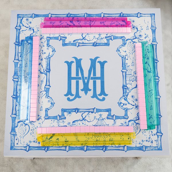 Personalized Chinoiserie Blue and White Flowers Mahjong Mat with Monogram Game Accessory Christmas Birthday Gift for Mahjong Lovers