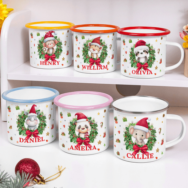 Personalised Wreath Cartoon Christmas Hat Animal 12 oz Enamel Mug with Name Christmas Gift for Family Kids