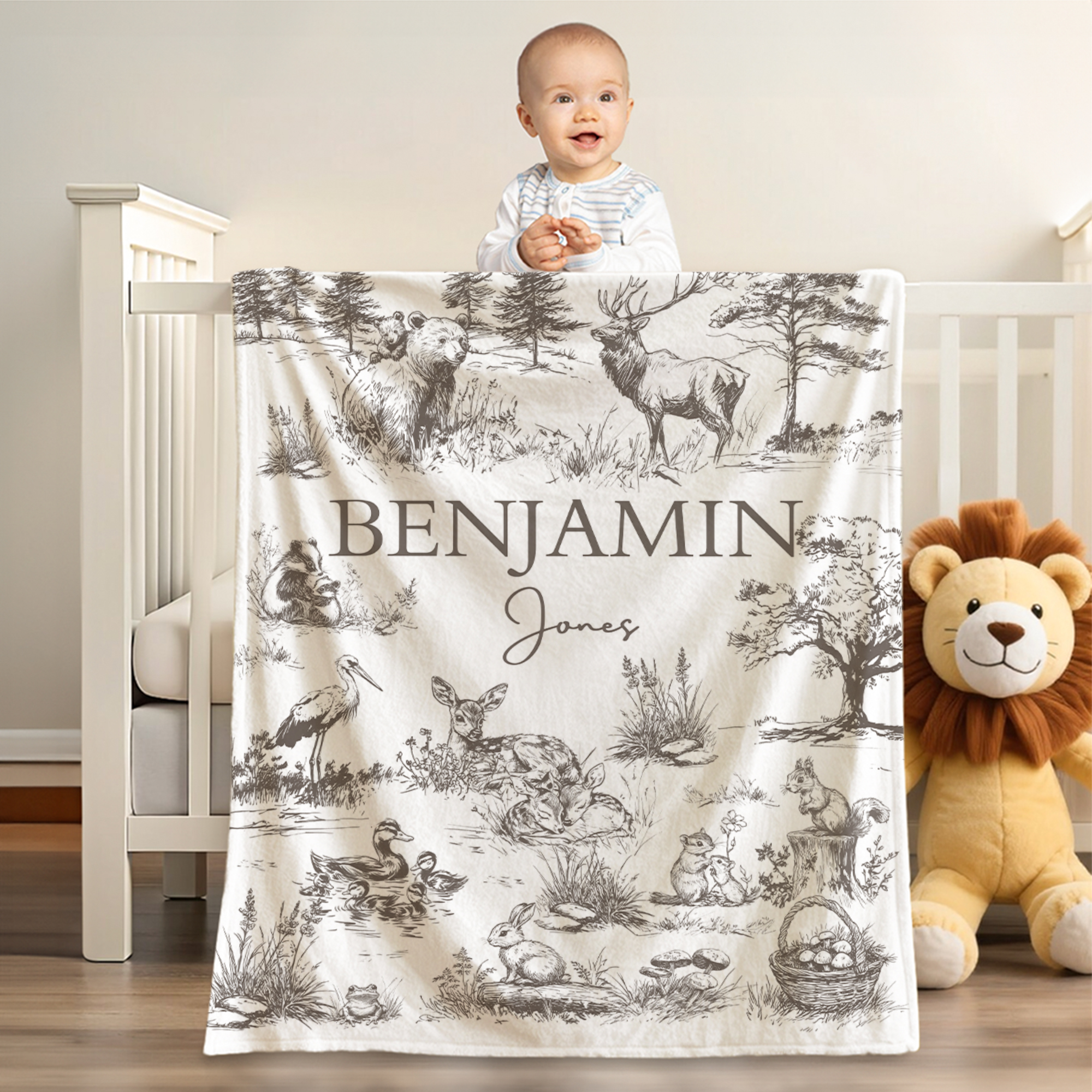 Ours Retro Personnalisé Cerf Forêt Animaux Doux Couverture avec Nom et Prénom Baby Shower Noël Anniversaire Cadeau pour Nouveau-né Enfants