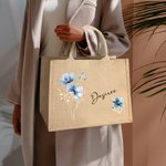 Personalized Watercolour Style Flower Large Jute Tote Bag with Name Travel Party Birthday Gift for Women