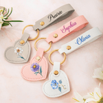Personalized Birth Flower Heart Shape PU Leather Keychain with Name Backpack Accessories Wedding Party  Birthday Gift for Women Bridesmaids