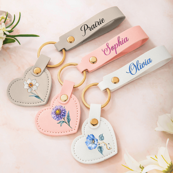 Personalized Birth Flower Heart Shape PU Leather Keychain with Name Backpack Accessories Wedding Party  Birthday Gift for Women Bridesmaids
