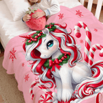 Personalised Christmas Fantasy Unicorn Snowflake Sweets Cane Soft Throw Blanket with Name Home Decor Christmas Gift for Kids