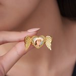 Personalized Dainty Heart Shaped Angel Wings Photo Ring with Engraved Text Anniversary Christmas Birthday Gift for Mom Wife Women
