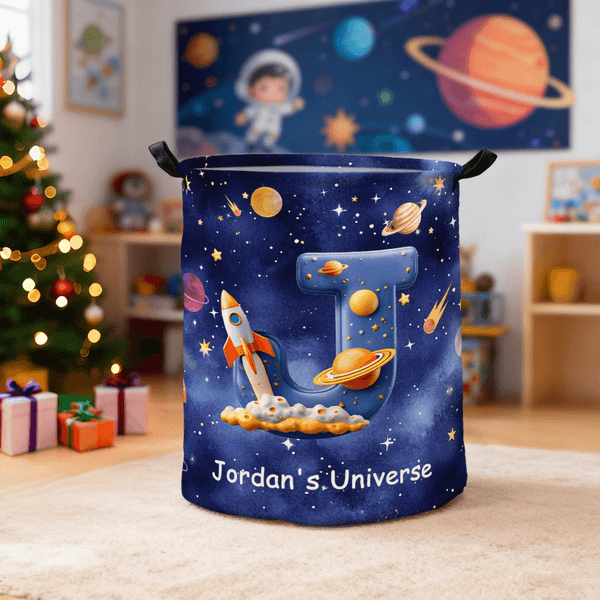 Personalized Planet Universe Nebula Star Waterproof Laundry Basket with Handle Initial and Text Christmas Birthday Gift for Boys