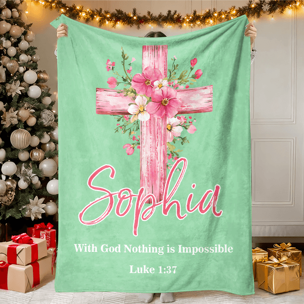 Cruz floral de acuarela personalizada Suave manta con nombre y texto Navidad Cumpleaños Bautizo Regalo para amigo cristiano
