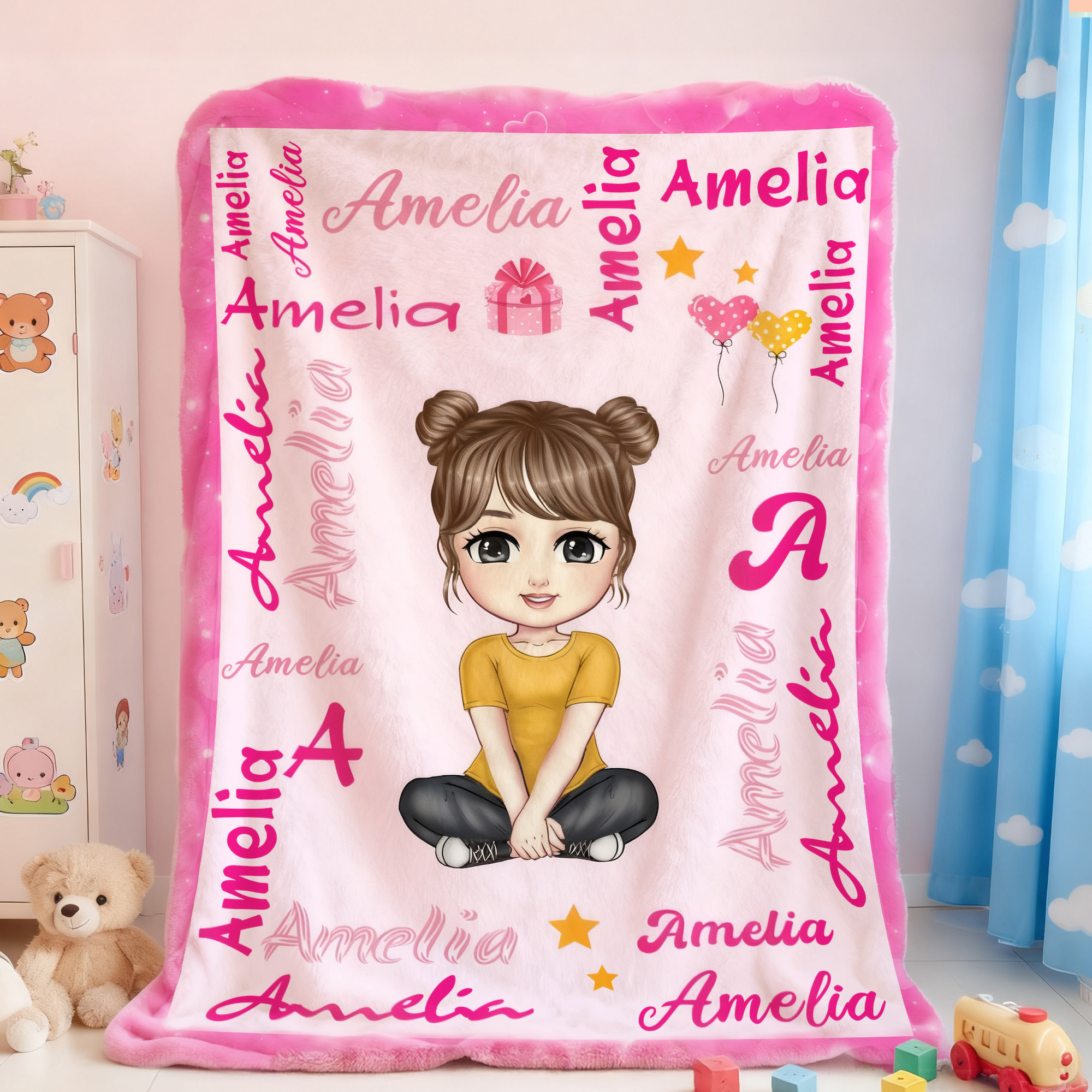 Couverture personnalisée en forme de personnage de dessin animé avec noms et initiales Cadeau d'anniversaire pour enfants