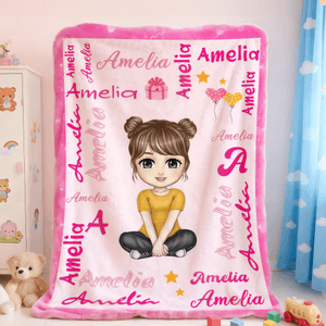 Personalized Multicolor Cartoon Character Soft Throw Blanket with Names and Initial Home Decor Birthday Gift for Kids