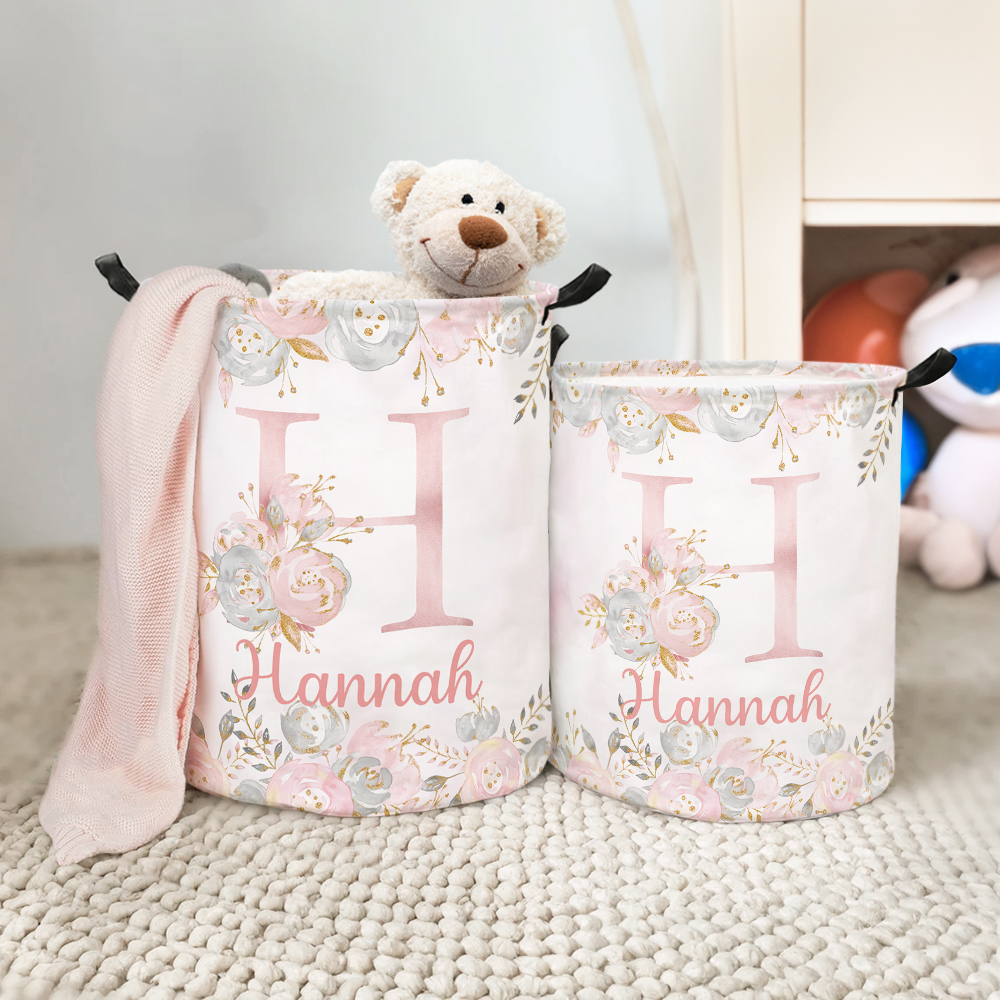 Panier de rangement pour le linge personnalisé, imperméable, de grande capacité, avec fleur et initiale du nom, avec poignée Cadeau de pendaison de crémaillère pour les enfants et la famille