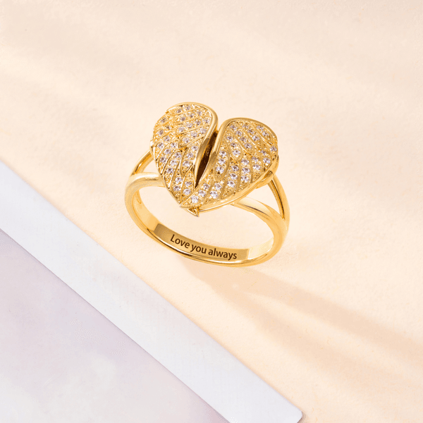 Personalized Dainty Heart Shaped Angel Wings Photo Ring with Engraved Text Anniversary Christmas Birthday Gift for Mom Wife Women