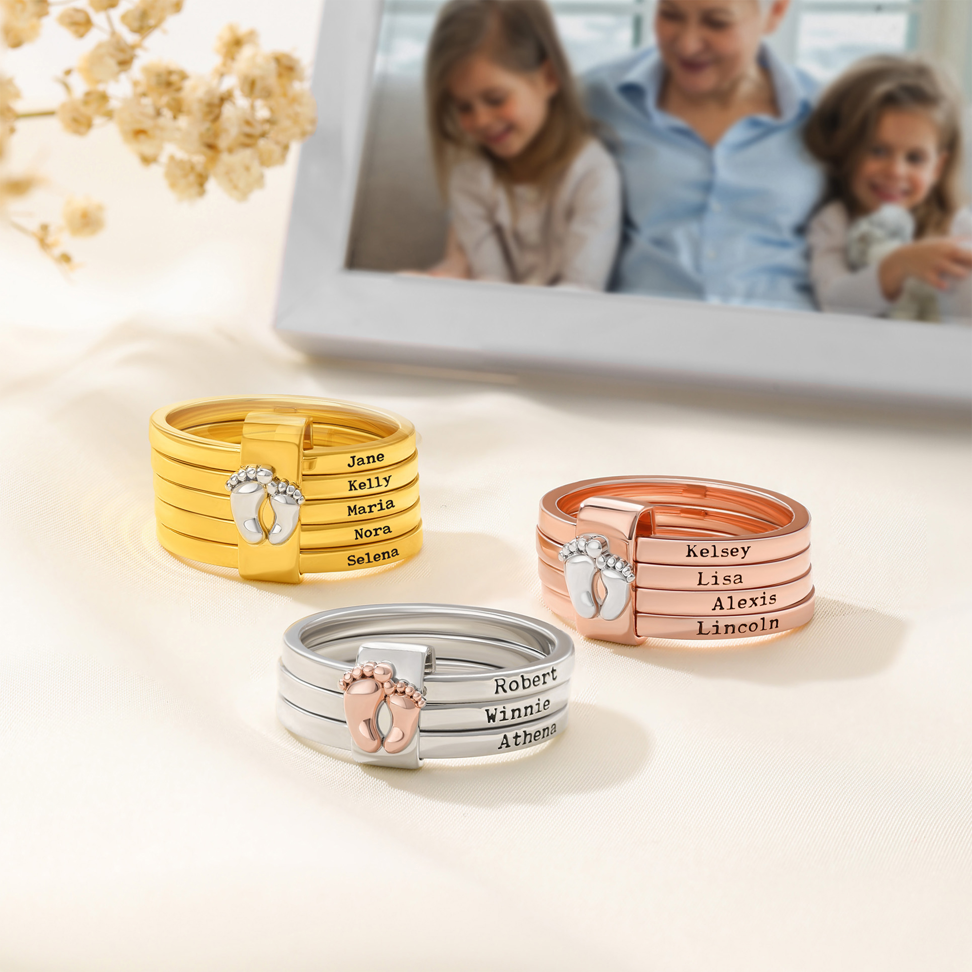Bagues empilables personnalisées avec 2-5 noms gravés Bijoux de famille Cadeau d'anniversaire de Noël pour Maman Grand-mère