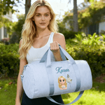 Personalized 3D Cartoon Character Birth Flower Striped Travel Duffel Bag with Name and Shoulder Strap Daily Use Birthday Gift for Women