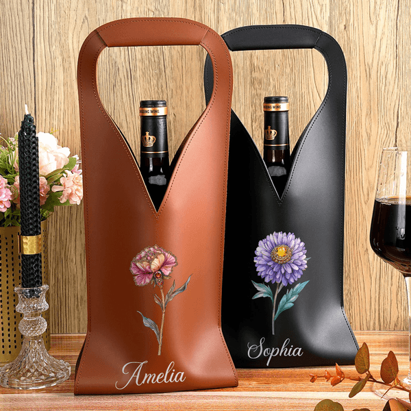 Personalized Birth Flower PU Leather Wine Bag with Name and Handle Protective Wine Accessories Birthday Gift for Wine Lover