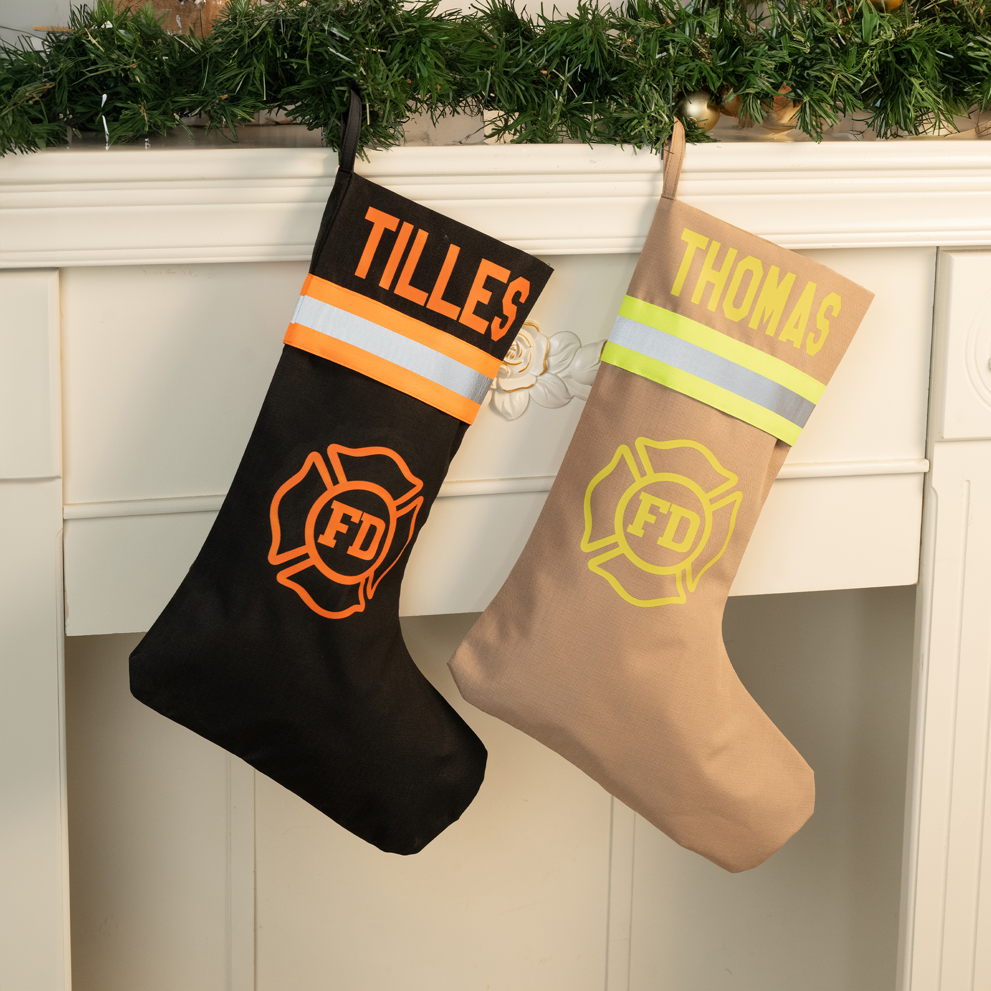 Bas de Noël imperméable personnalisé pour pompiers avec nom Décoration de cheminée Cadeau de Noël pour pompiers