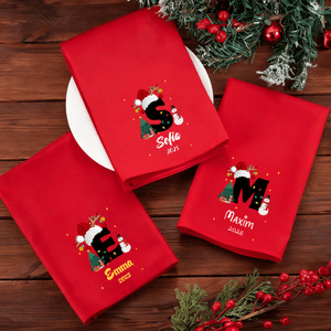 Personalised Santa Hat Initial Snowman 100% Cotton Red Napkin with Name and Year Party Table Decor Christmas Gift for Family Friends