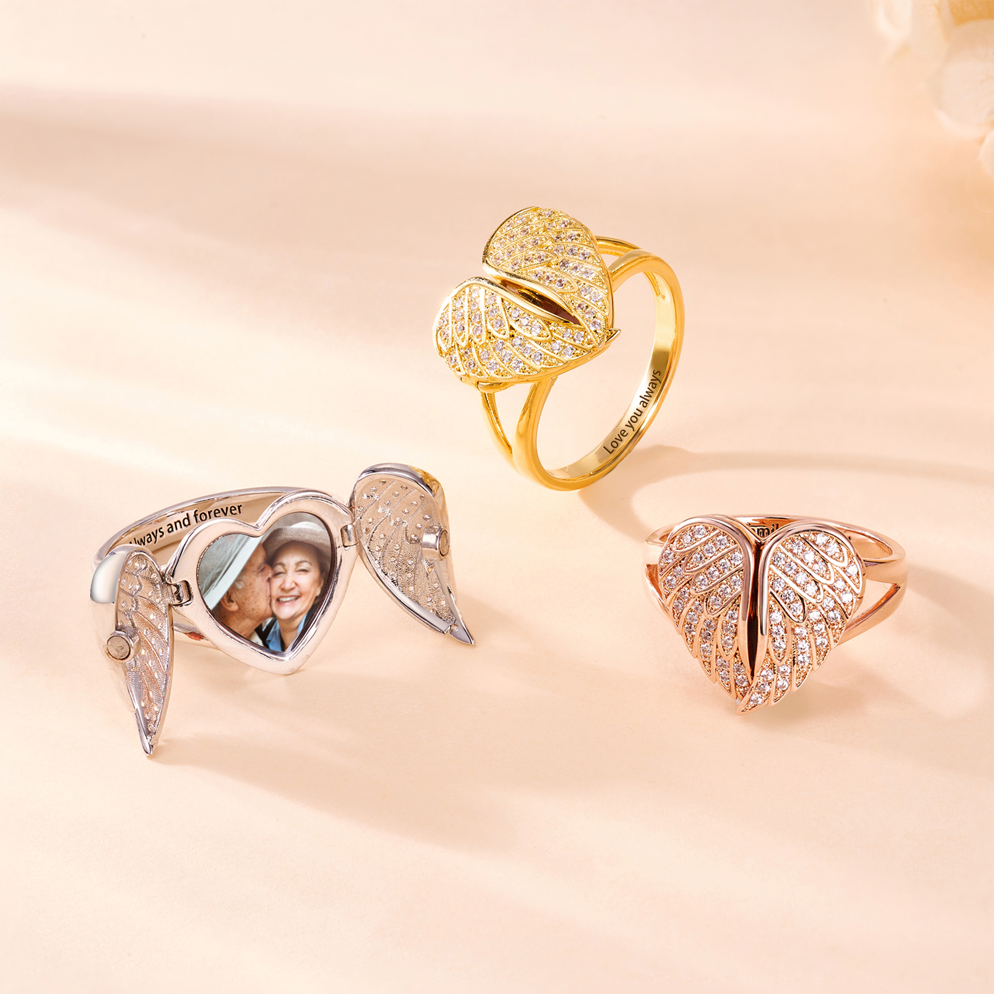Bague photo personnalisée en forme de coeur et d'ailes d'ange avec texte gravé Cadeau d'anniversaire de Noël pour maman épouse femme
