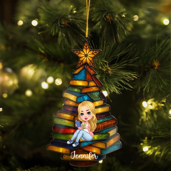 Personalised Cartoon Reading Character Christmas Tree Acrylic Ornament with Name Holiday Decor Christmas Gift for Women Book Lovers
