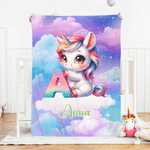 Personalized Gradient Dreamy Fantasy Unicorn Initial Design Soft Throw Blanket with Name Room Decor Christmas Gift for Women Girls