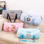 Personalized 3D Cartoon Character Birth Flower Striped Travel Duffel Bag with Name and Shoulder Strap Daily Use Birthday Gift for Women