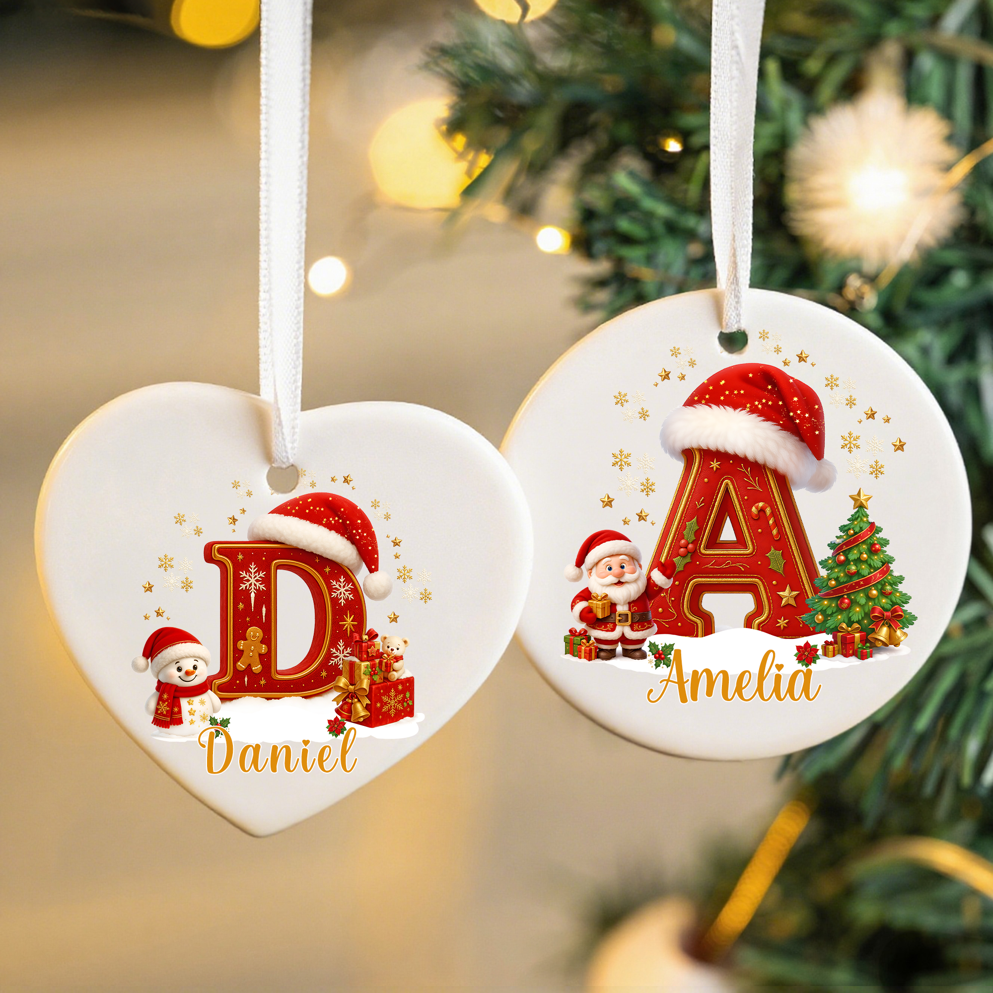 Ornement de Noël personnalisé en céramique avec nom Père Noël Bonhomme de neige Bonnet de Père Noël Initiale Décoration de l'arbre de Noël Cadeau de Noël pour la famille et les amis