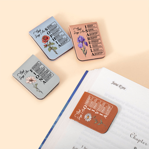 Personalized Birth Flower God Says I Am Bible Name Magnetic PU Leather Bookmark Clip Birthday Christmas Gift for Christian Book Lovers