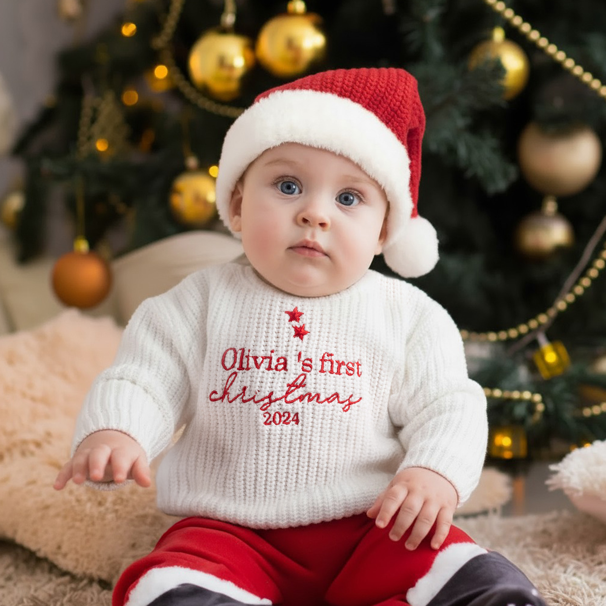 Ensemble brodé personnalisé Mon premier Noël - Pull à manches longues et bonnet de Père Noël avec nom - Cadeau de Noël pour bébé garçon fille