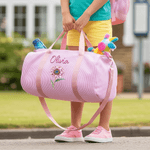 Personalized Birth Flower Striped Design Canvas Travel Duffel Bag with Name and Shoulder Strap Daily Use Birthday Gift for Women