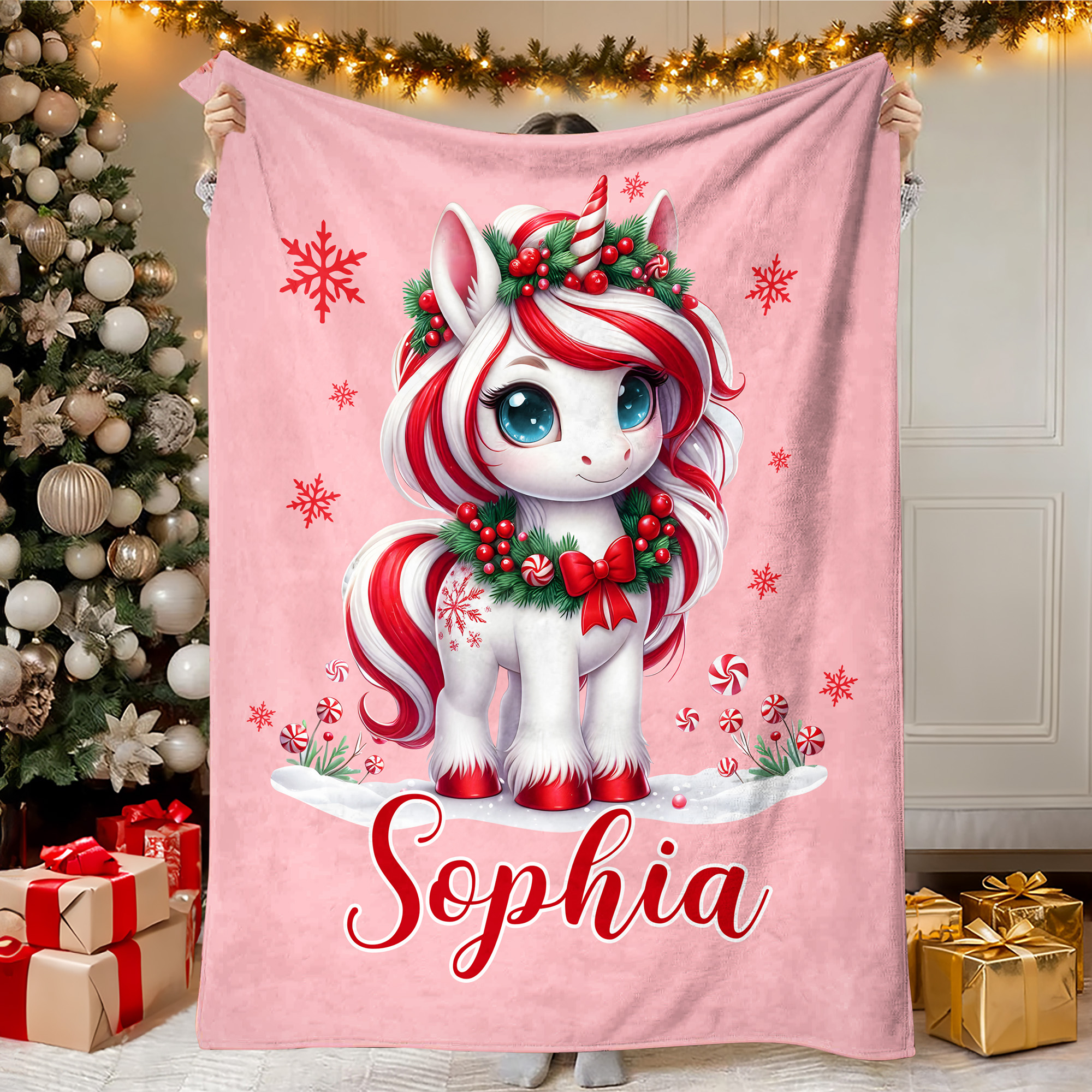 Couverture de Noël Personnalisée Fantaisie Licorne Flocon de Neige Candy Cane Douce avec Nom Décoration de la Maison Cadeau de Noël pour les Enfants