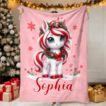 Personalised Christmas Fantasy Unicorn Snowflake Sweets Cane Soft Throw Blanket with Name Home Decor Christmas Gift for Kids