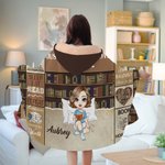 Personalized Cartoon Character Bookshelf Soft Hooded Blanket with Name Study Space Home Decor Birthday Gift for Book Lovers Family