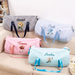 Personalized Birth Flower Striped Design Canvas Travel Duffel Bag with Name and Shoulder Strap Daily Use Birthday Gift for Women