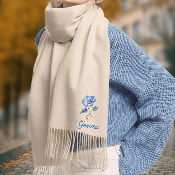 Personalized Birth Flower Soft Warm Tassel Scarf with Name Winter Accessory Birthday Christmas Gift for Family Friends