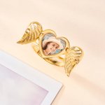Personalized Dainty Heart Shaped Angel Wings Photo Ring with Engraved Text Anniversary Christmas Birthday Gift for Mom Wife Women