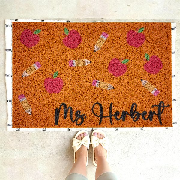 Personalizzato con una matita di mele in finta fibra di cocco e tappetino antiscivolo per la porta con testo Decorazione per la scuola Regalo per la festa dell'insegnante per gli insegnanti