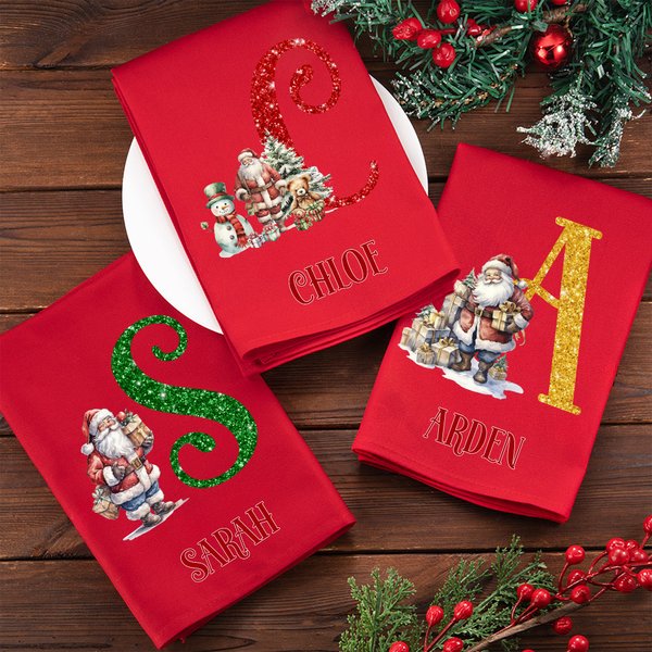 Servilleta roja personalizada de Papá Noel 100% algodón con nombre e inicial Decoración de mesa Regalo de Navidad para familia amigos