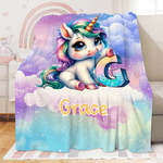 Personalized Gradient Dreamy Fantasy Unicorn Initial Design Soft Throw Blanket with Name Room Decor Christmas Gift for Women Girls