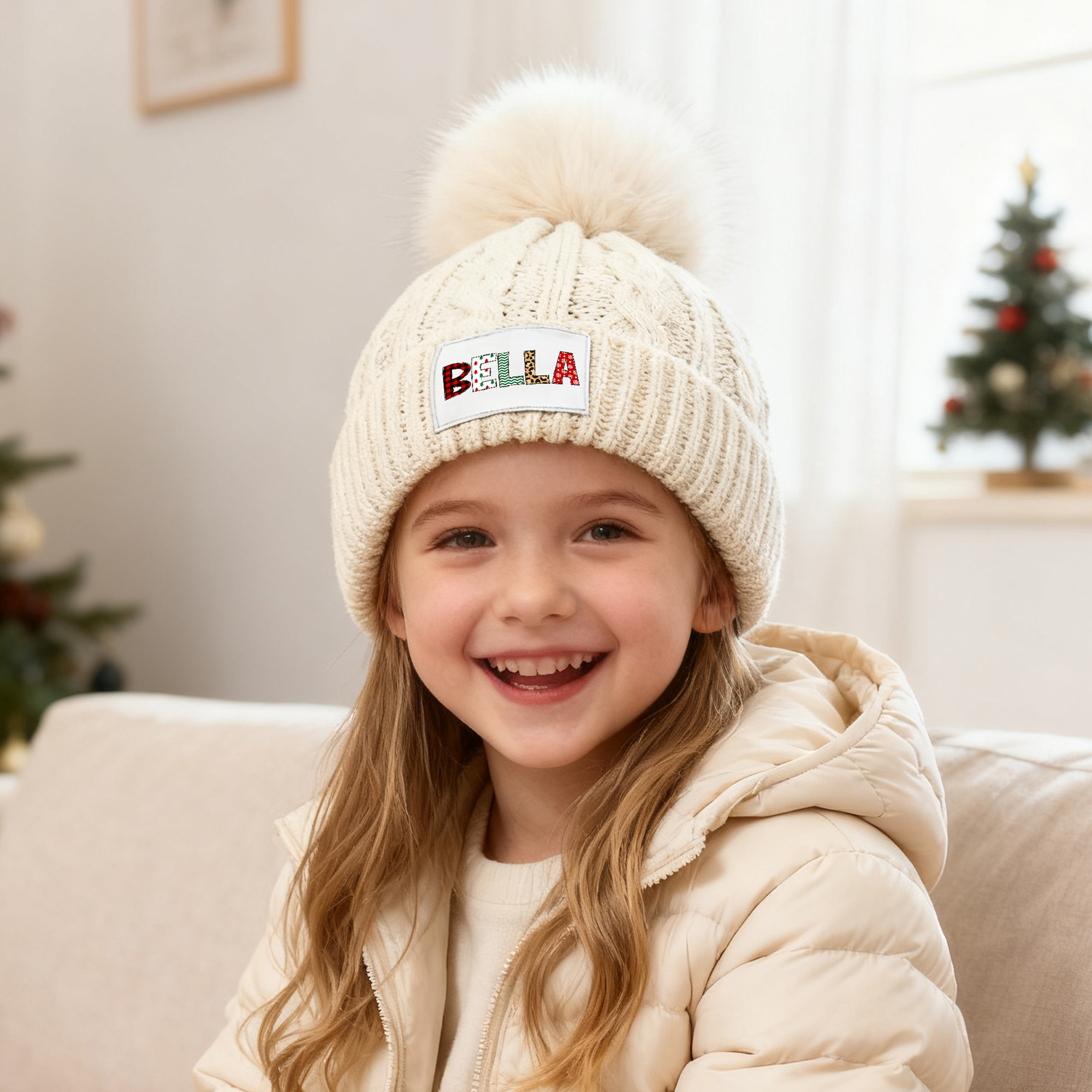 Bonnet de bonnet tricoté à pompon avec nom Accessoire d'hiver Cadeau de Noël pour garçons filles
