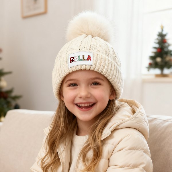 Personalized Christmas-Themed Doodle Letter Design Pom Pom Knit Beanie Hat with Name  Winter Accessory Christmas Gift for Boys Girls