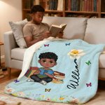 Personalised Cartoon Character Birth Flower Soft Throw Blanket with Name Home Decor Birthday Christmas Gift for Family Friend Book Lover