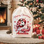 Personalized Merry Christmas Fantasy Unicorn Drawstring Gift Bag with Name Christmas Eve Party Favors for Girls Boys Kids