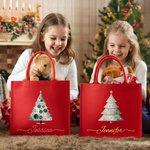 Personalized Watercolor Christmas Tree Large Capacity Jute Red Tote Bag with Name Christmas Party Gift for Kids Friends