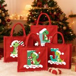 Personalized Cute Santa Hat Dinosaur Large Capacity Red Jute Tote Bag with Name Holiday Accessories Christmas Party Gift for Kids Teenagers